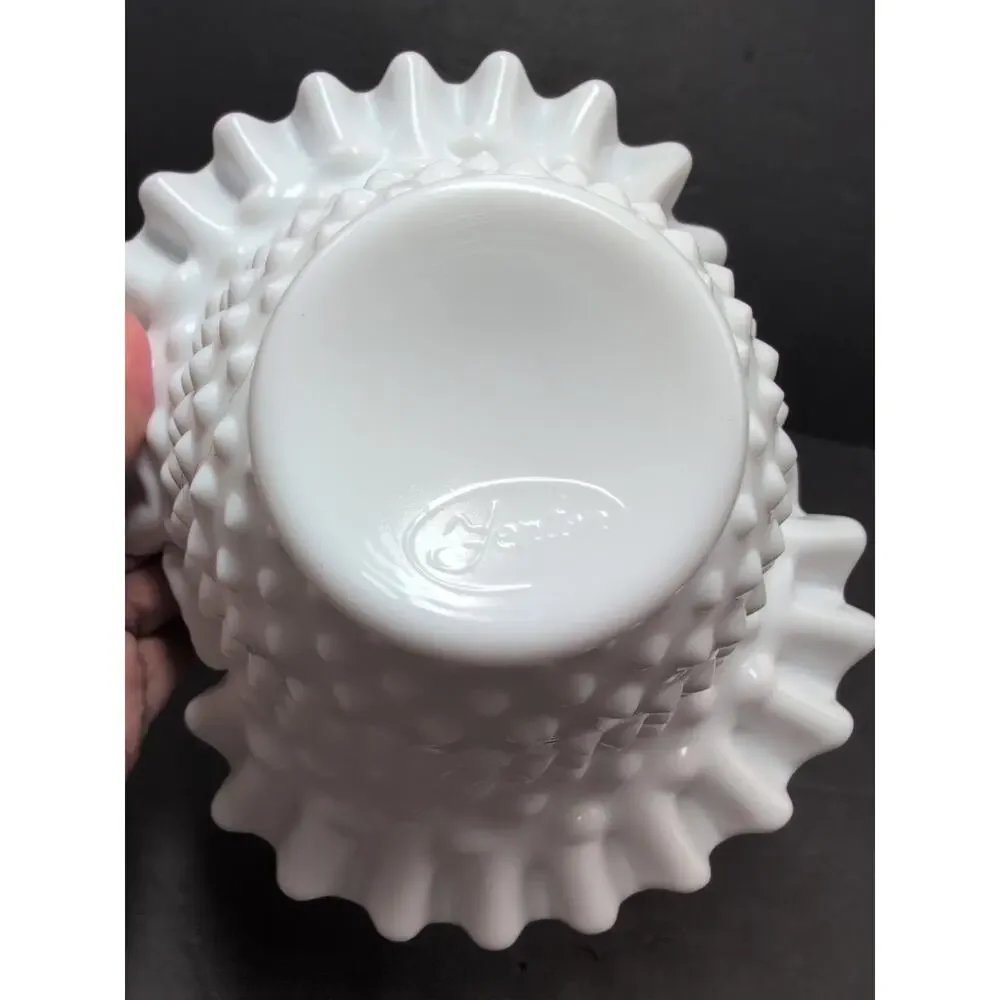 Vintage Fenton Art Glass Milk Glass Hobnail Crimped Basket Candy Dish Handle